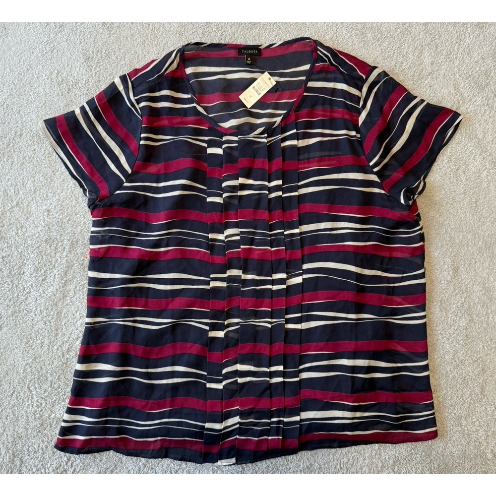 NWT Talbots Silk Career Pleated Top Red Blue White‎ Strip Size 18